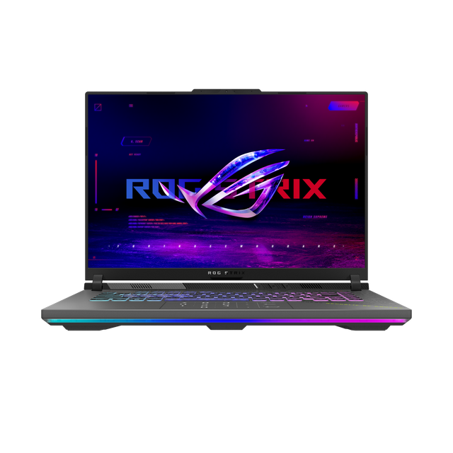 Shot of the Strix G16 (G614) with the lid open and the ROG Fearless Eye logo on screen